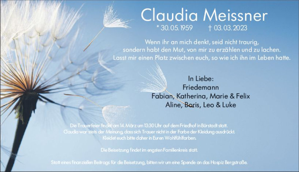  Traueranzeige für Claudia Meissner vom 08.03.2023 aus Starkenburger Echo