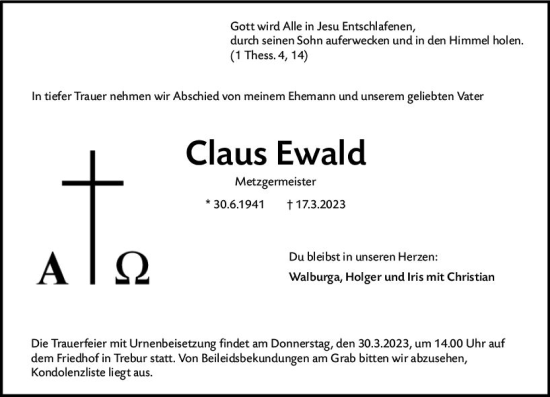 Traueranzeige von Claus Ewald von Groß-Gerauer Echo