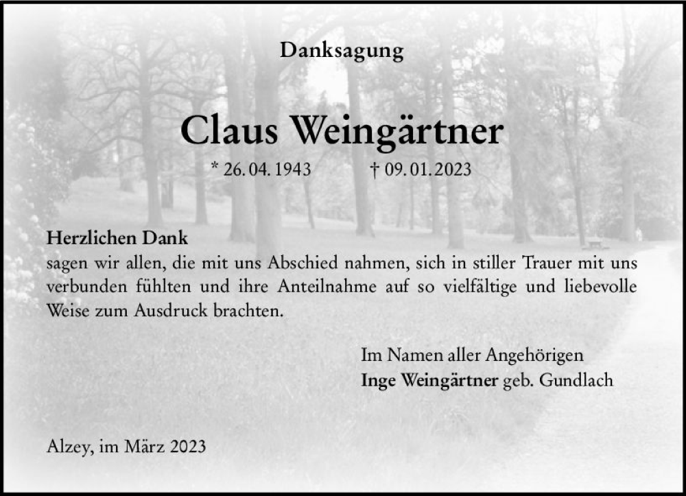  Traueranzeige für Claus Weingärtner vom 01.03.2023 aus Allgemeine Zeitung Alzey