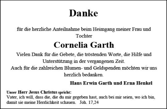 Traueranzeige von Cornelia Garth von Hinterländer Anzeiger