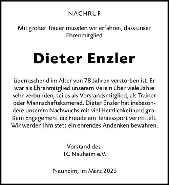 Traueranzeige von Dieter Enzler von Rüsselsheimer Echo