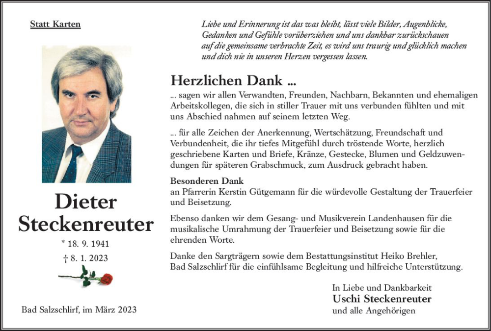  Traueranzeige für Dieter Steckenreuter vom 18.03.2023 aus Oberhessen Kurier