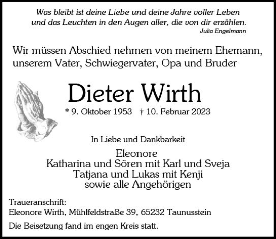 Traueranzeige von Dieter Wirth von Wiesbadener Kurier