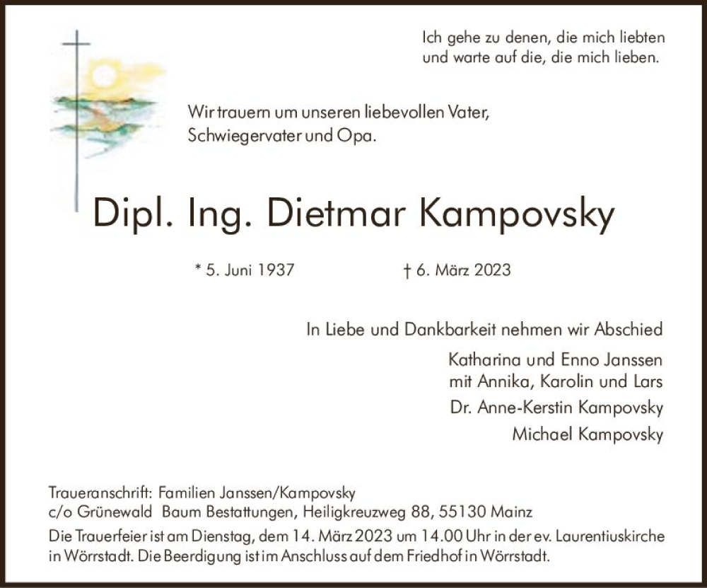  Traueranzeige für Dietmar Kampovsky vom 11.03.2023 aus Allgemeine Zeitung Mainz