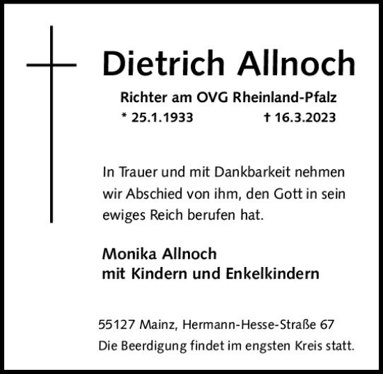 Traueranzeige von Dietrich Allnoch von Allgemeine Zeitung Mainz