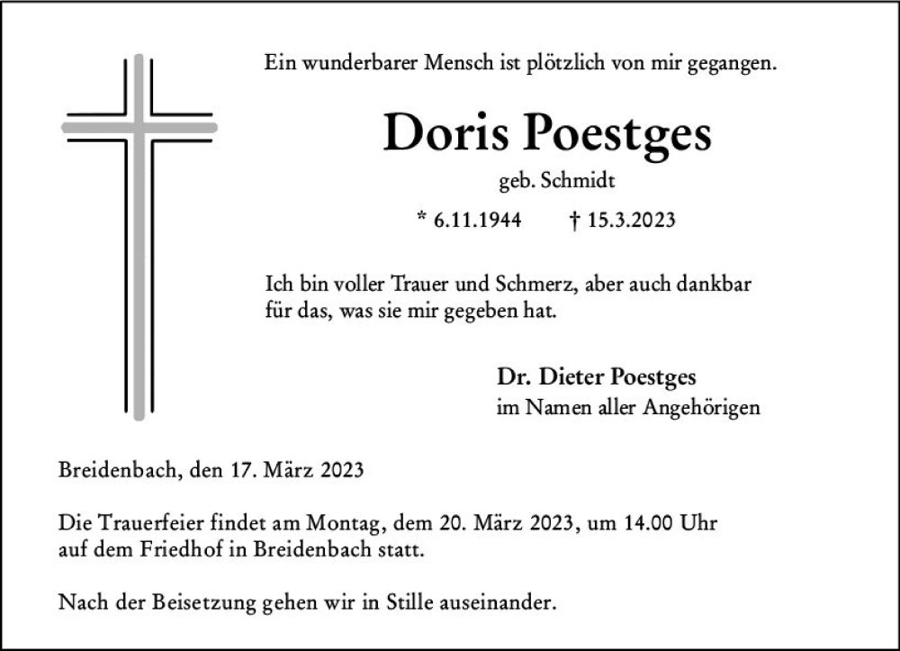  Traueranzeige für Doris Poestges vom 17.03.2023 aus Hinterländer Anzeiger