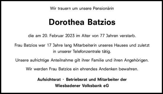 Traueranzeige von Dorothea Batzios von Wiesbadener Kurier