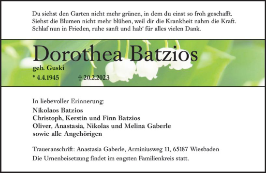 Traueranzeige von Dorothea Batzios von Wiesbadener Kurier