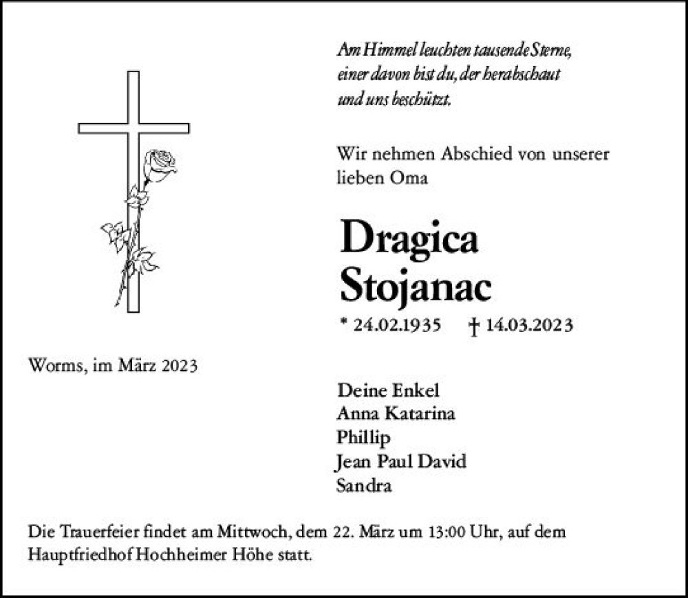  Traueranzeige für Dragica Stojanac vom 18.03.2023 aus Wormser Zeitung