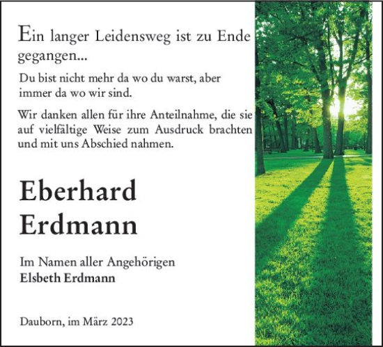 Traueranzeige von Eberhard Erdmann von Camberger Anzeiger
