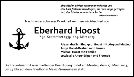 Traueranzeige von Eberhard Hoost von Allgemeine Zeitung Mainz
