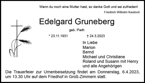 Traueranzeige von Edelgard Gruneberg von Dieburger Anzeiger/Groß-Zimmerner Lokal-Anzeiger