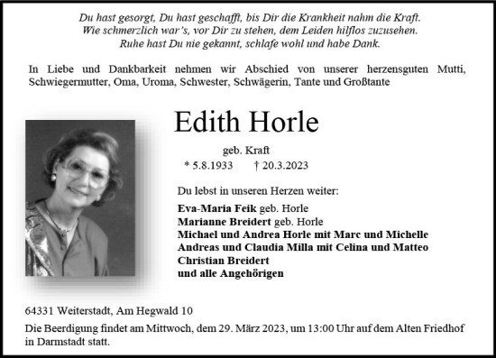 Traueranzeige von Edith Horle von Darmstädter Echo