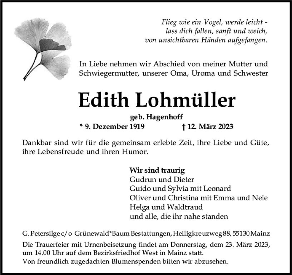  Traueranzeige für Edith Lohmüller vom 18.03.2023 aus Allgemeine Zeitung Mainz