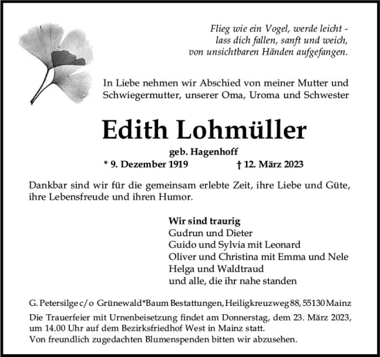 Traueranzeige von Edith Lohmüller von Allgemeine Zeitung Mainz