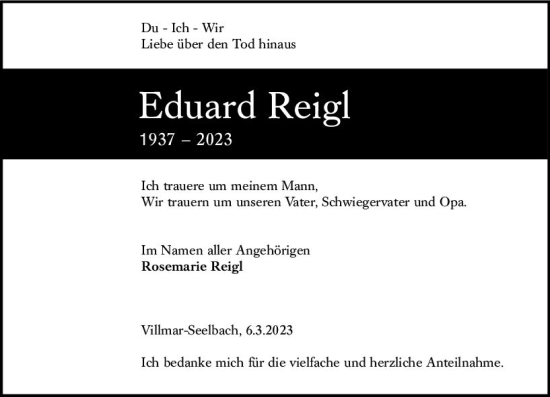 Traueranzeige von Eduard Reigl von Weilburger Tageblatt
