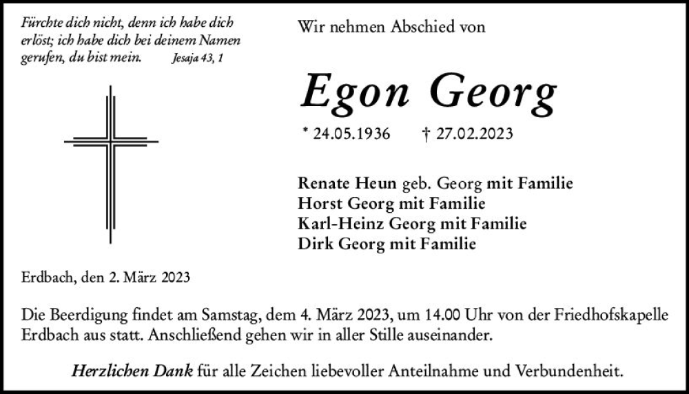  Traueranzeige für Egon Georg vom 02.03.2023 aus Dill Block