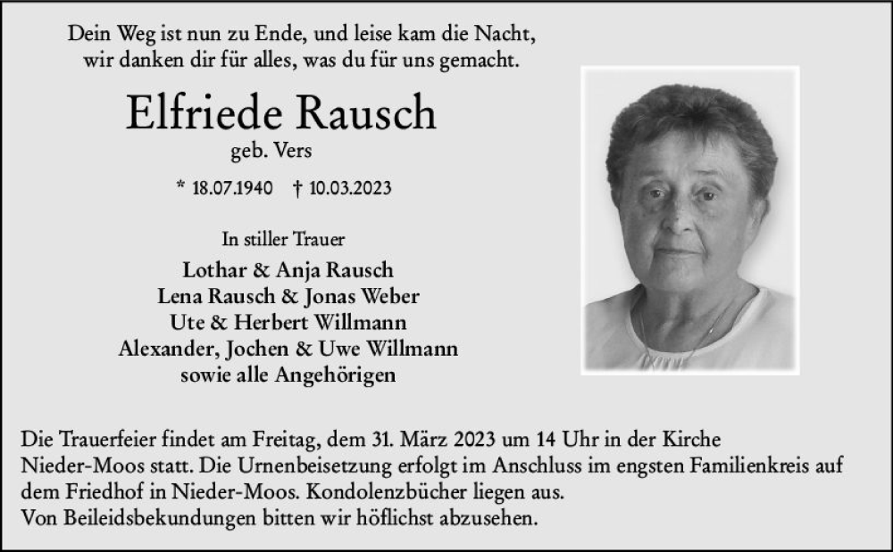  Traueranzeige für Elfriede Rausch vom 28.03.2023 aus VRM Trauer