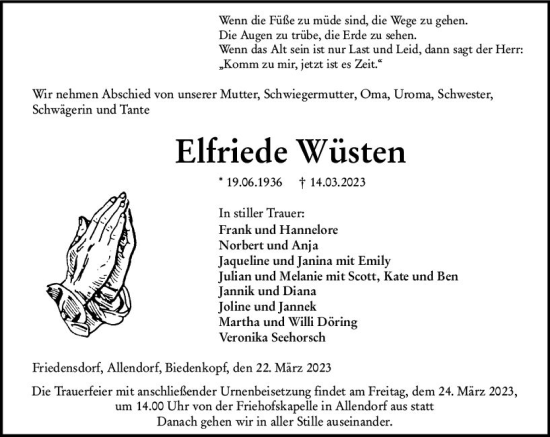 Traueranzeige von Elfriede Wüsten von Hinterländer Anzeiger