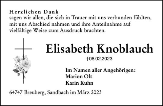 Traueranzeige von Elisabeth Knoblauch von Odenwälder Echo