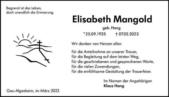 Traueranzeige von Elisabeth Mangold von Allgemeine Zeitung Bingen/Ingelheim