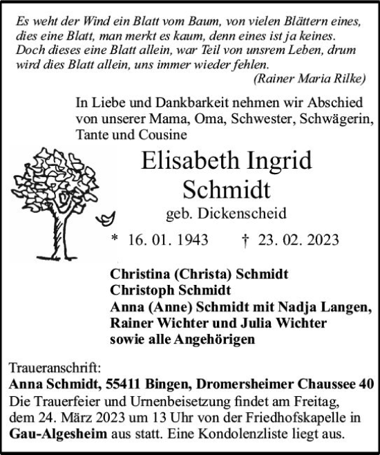 Traueranzeige von Elisabeth Ingrid Schmidt von Allgemeine Zeitung Bingen/Ingelheim