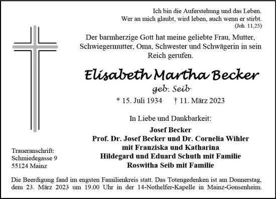 Traueranzeige von Elisabeth Martha Becker von Allgemeine Zeitung Mainz