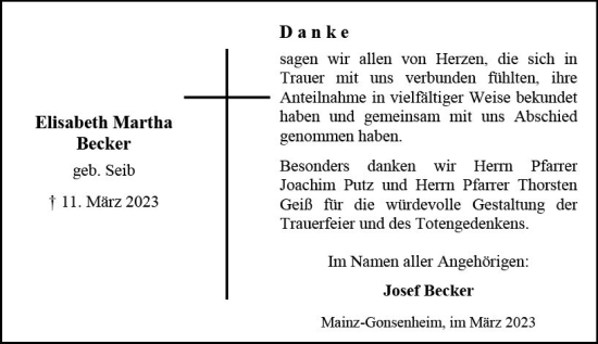 Traueranzeige von Elisabeth Martha Becker von Allgemeine Zeitung Mainz