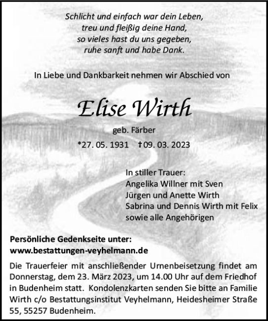 Traueranzeige von Elise Wirth von Allgemeine Zeitung Mainz