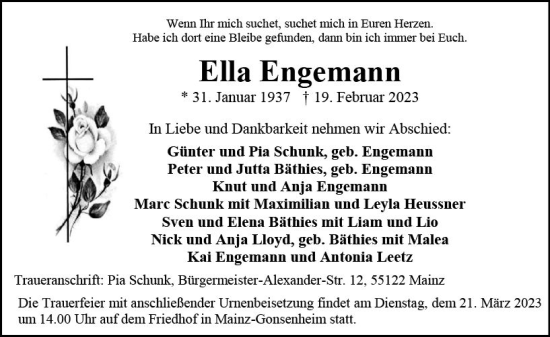 Traueranzeige von Ella Engemann von Allgemeine Zeitung Mainz