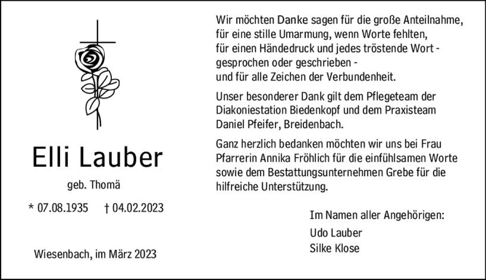 Traueranzeige für Elli Lauber vom 18.03.2023 aus Hinterländer Anzeiger