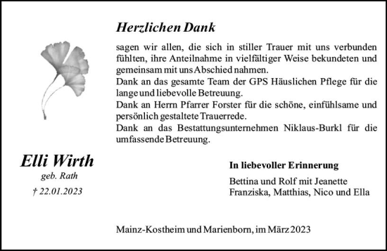 Traueranzeige von Elli Wirth von Allgemeine Zeitung Mainz