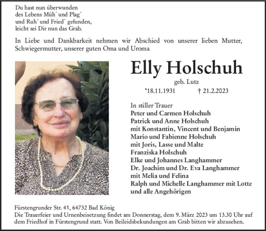 Traueranzeige von Elly Holschuh von Odenwälder Echo