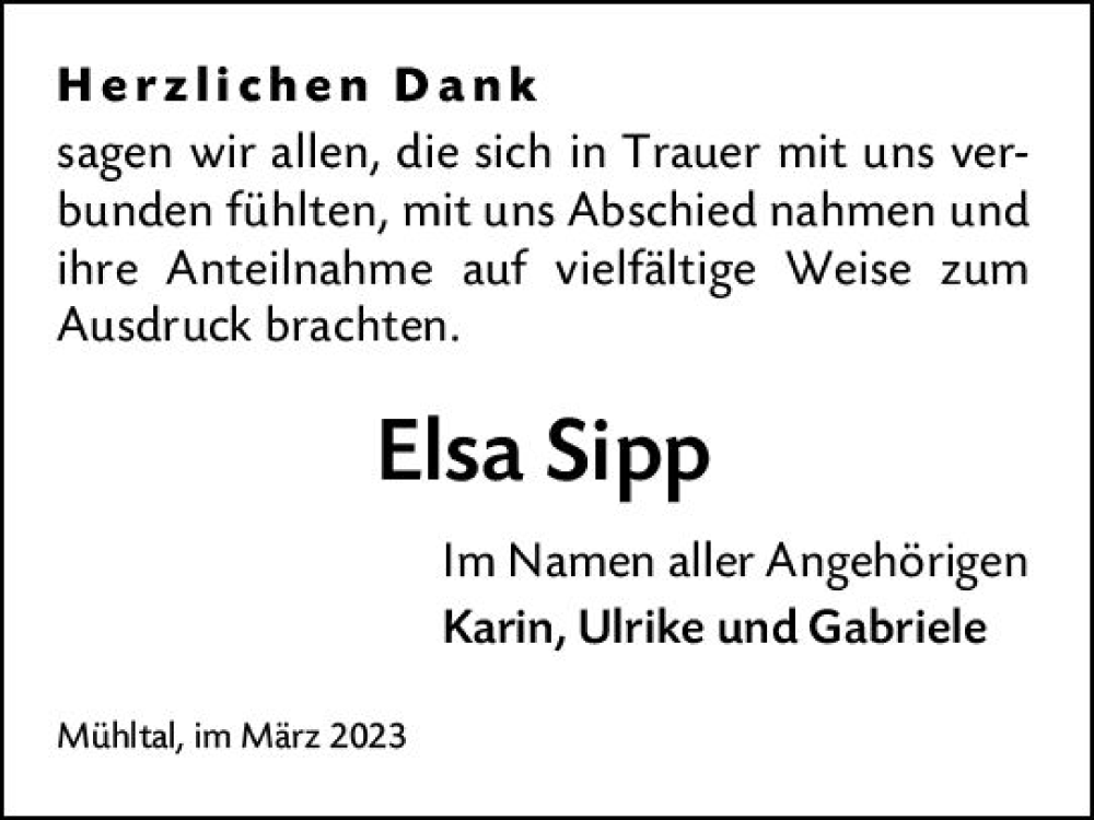  Traueranzeige für Elsa Sipp vom 18.03.2023 aus Darmstädter Echo