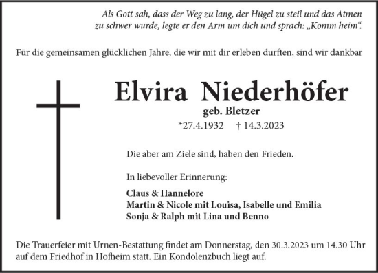 Traueranzeige von Elvira Niederhöfer von Starkenburger Echo