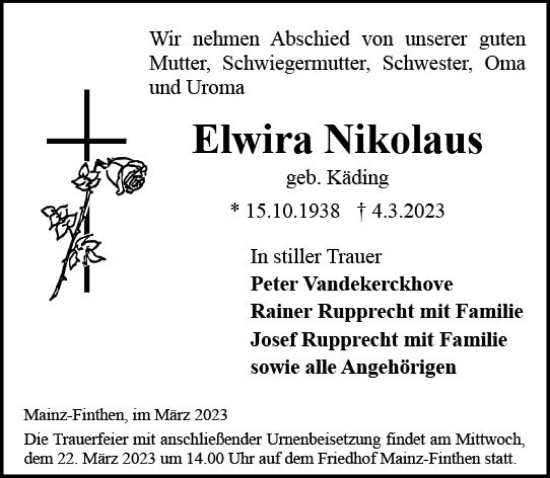 Traueranzeige von Elwira Nikolaus von Allgemeine Zeitung Mainz