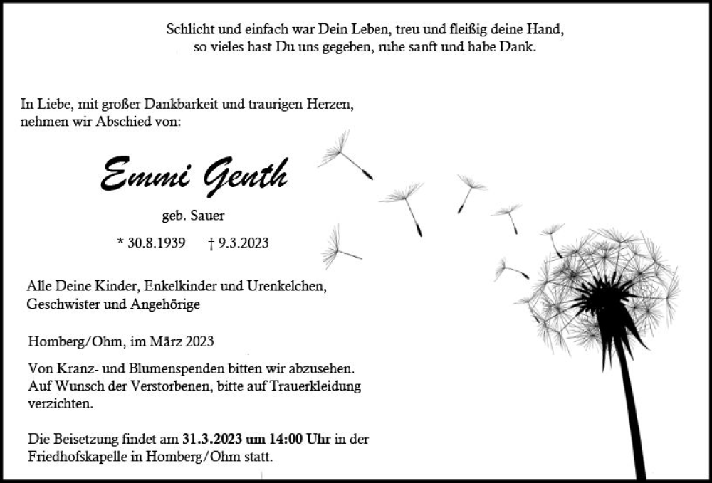  Traueranzeige für Emmi Genth vom 28.03.2023 aus VRM Trauer