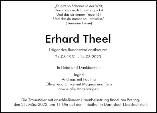 Traueranzeige von Erhard Theel von Darmstädter Echo