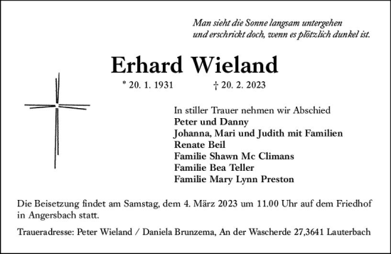 Traueranzeige von Erhard Wieland von VRM Trauer