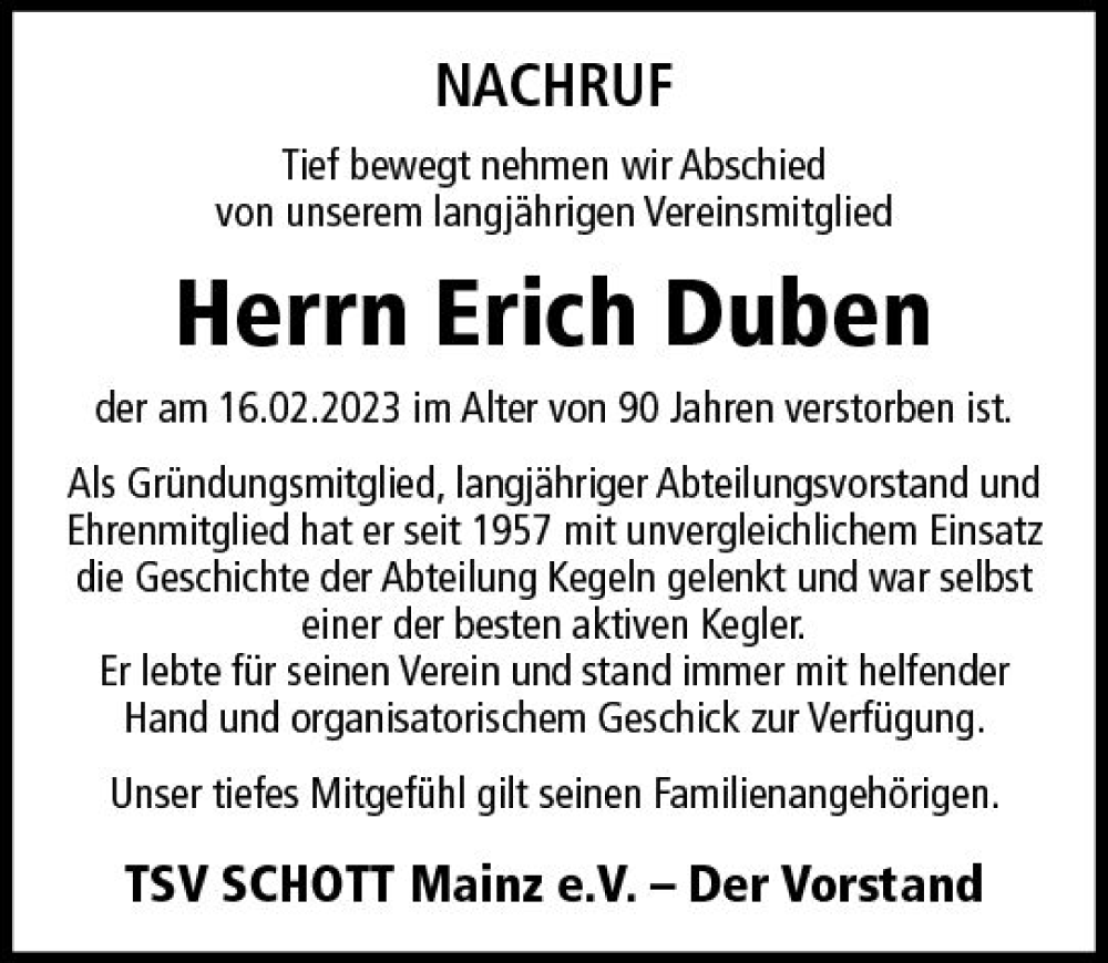  Traueranzeige für Erich Duben vom 07.03.2023 aus Allgemeine Zeitung Mainz