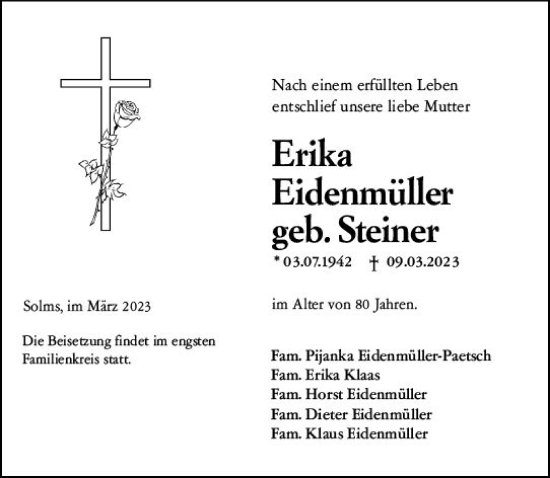 Traueranzeige von Erika Eidenmüller von Wetzlarer Neue Zeitung