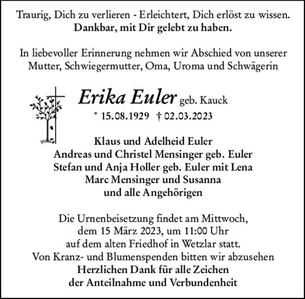  Traueranzeige für Erika Euler vom 11.03.2023 aus Wetzlarer Neue Zeitung