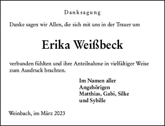 Traueranzeige von Erika Weißbeck von Weilburger Tageblatt