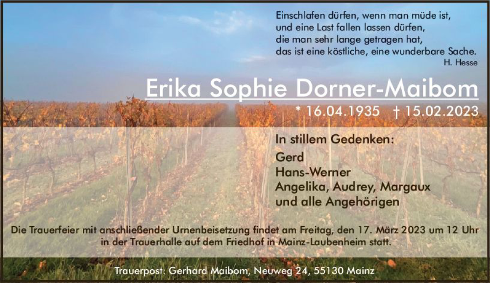  Traueranzeige für Erika Sophie Dorner-Maibom vom 11.03.2023 aus Allgemeine Zeitung Mainz