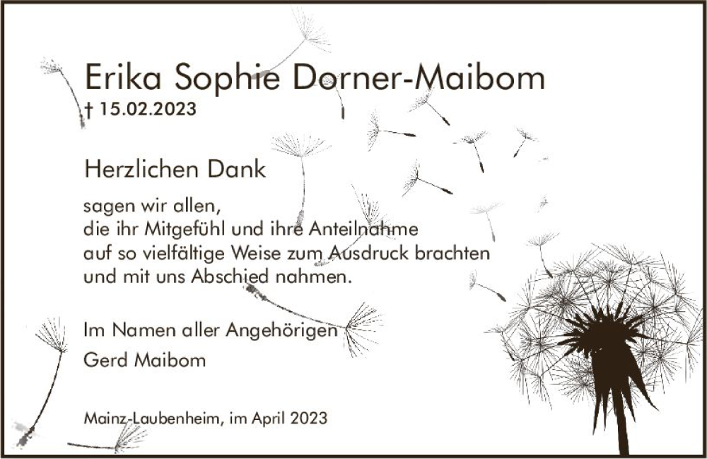  Traueranzeige für Erika Sophie Dorner-Maibom vom 01.04.2023 aus Allgemeine Zeitung Mainz
