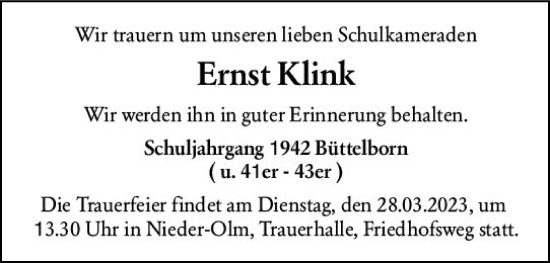 Traueranzeige von Ernst Klink von Groß-Gerauer Echo