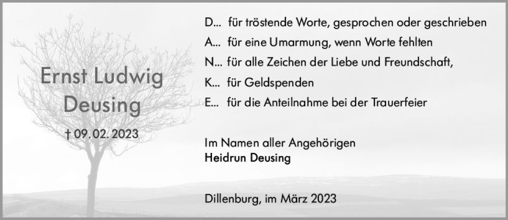  Traueranzeige für Ernst Ludwig Deusing vom 11.03.2023 aus Dill Block