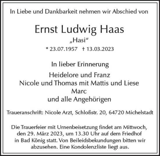 Traueranzeige von Ernst Ludwig Haas von Odenwälder Echo