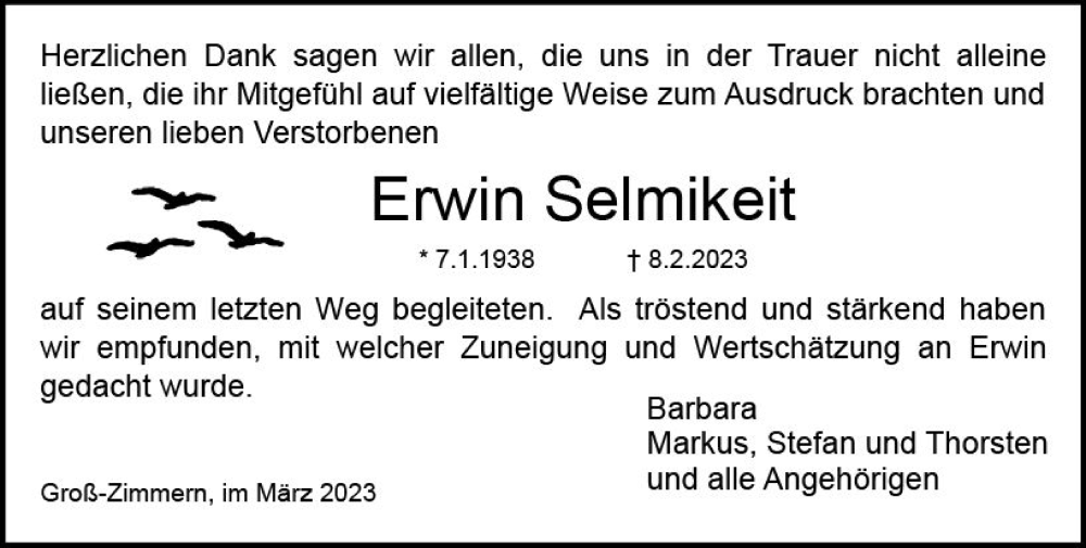  Traueranzeige für Erwin Selmikeit vom 11.03.2023 aus Dieburger Anzeiger/Groß-Zimmerner Lokal-Anzeiger