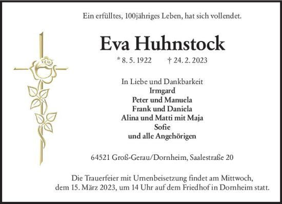 Traueranzeige von Eva Huhnstock von Groß-Gerauer Echo